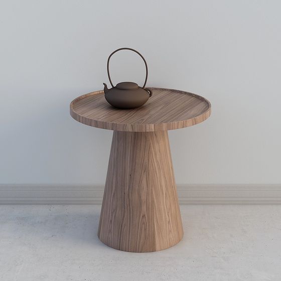 Round wooden side table with conical base and brown teapot on white background