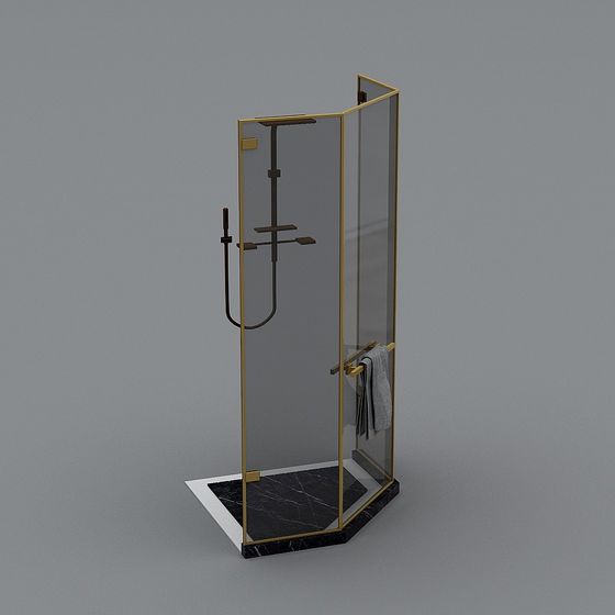 Sleek Gold-Framed Glass Shower Enclosure 3D model