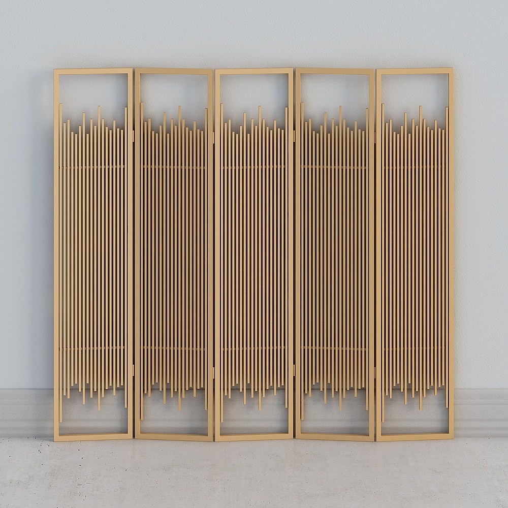 Modern light wood room divider with vertical slats and geometric pattern on white background