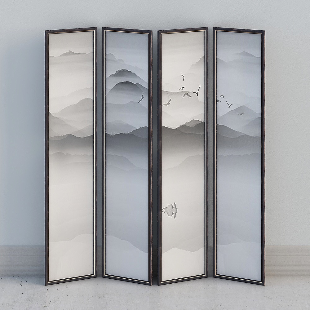 Asian style four panel room divider with mountain painting and dark frame on white background