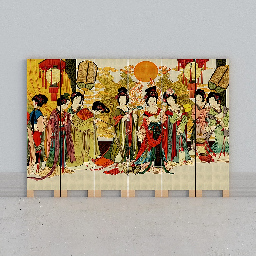 Traditional Japanese wood screen with women in colorful kimonos and lanterns on grey background