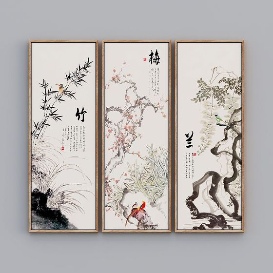 Hành lang tầng ba được trang trí bằng những bức tranh tre Meilan