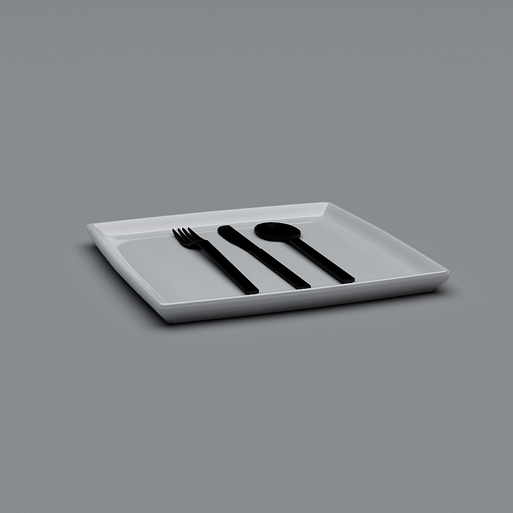 Modern white square ceramic plate with black fork knife spoon on grey background