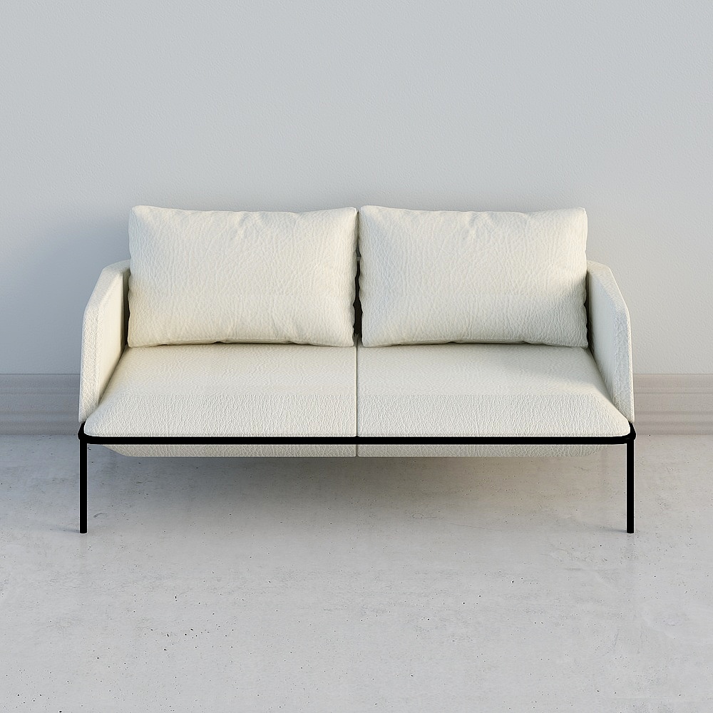 Modern white fabric sofa with black metal legs on grey background