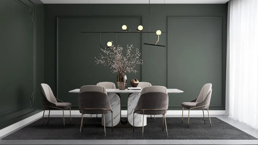Elegant dining room with dark green wall panels marble table grey chairs and ceiling light
