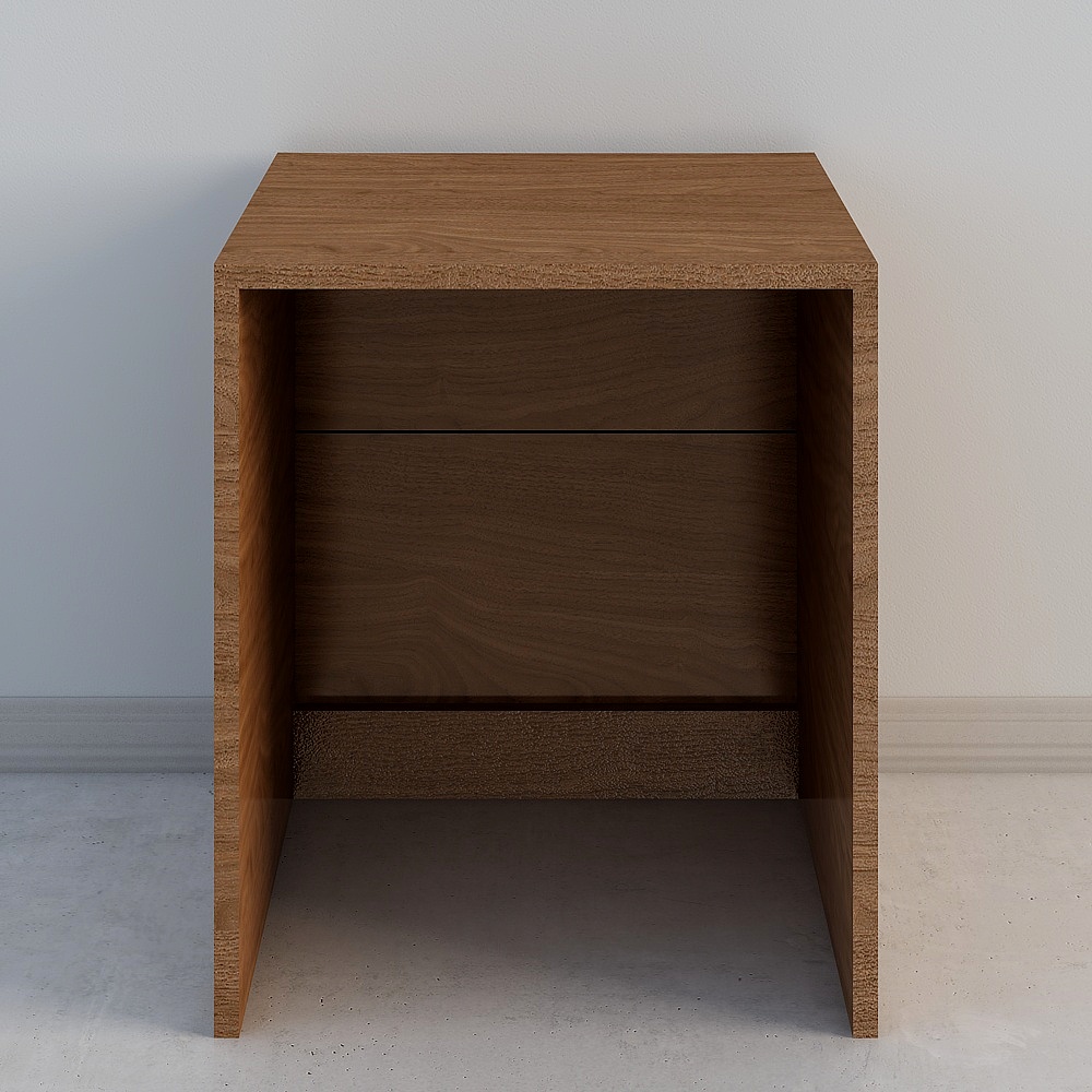 Modern minimalist light brown wooden nightstand with open shelf and two drawers on white background