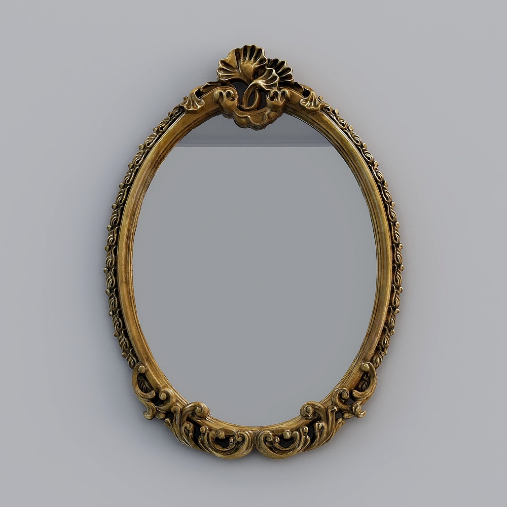 Vintage oval gold wall mirror with carved shell top and ornate frame on grey background