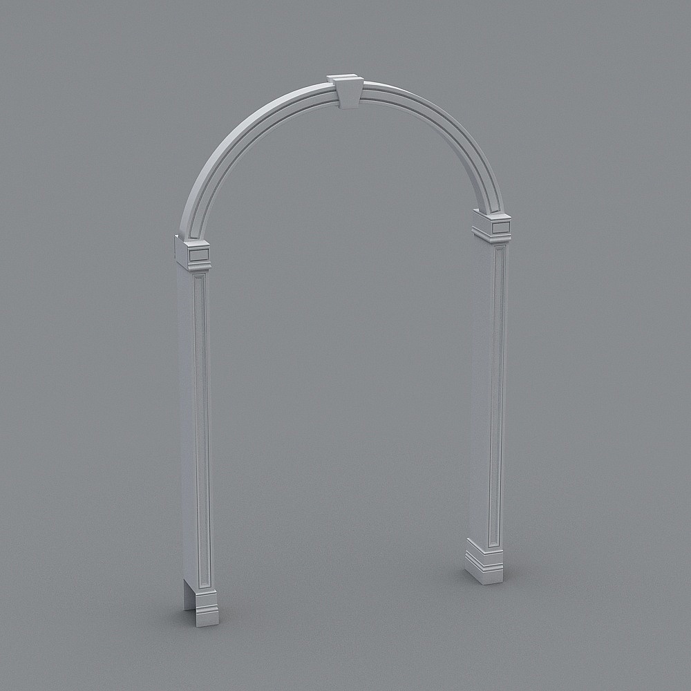 White classic arched doorway frame with decorative molding details on grey background