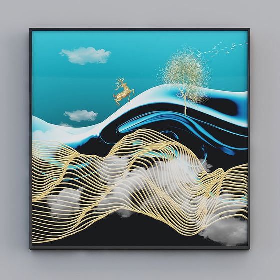 Surreal Golden Deer 3D Model in Dreamy Blue Sky