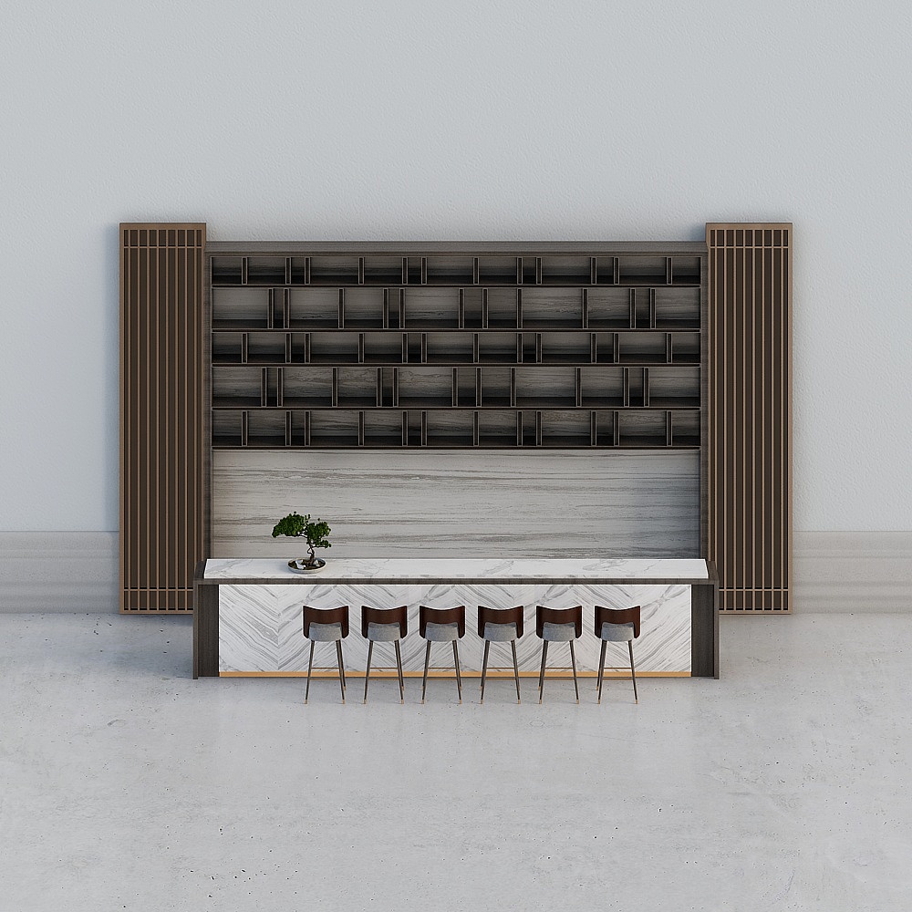 Modern marble bar counter with six stools and dark wood shelves on white background