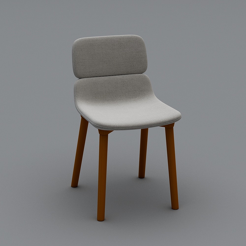 Modern light grey fabric dining chair with brown wooden legs on grey background