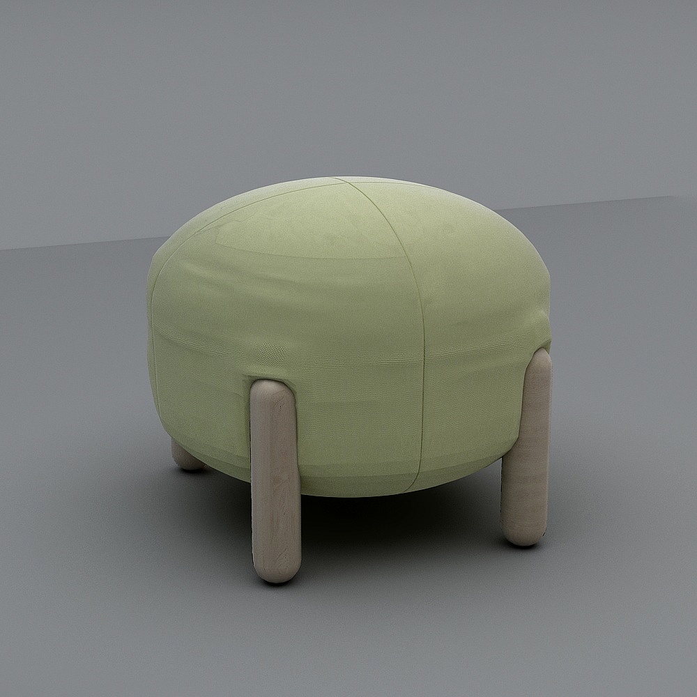 Round light green fabric footrest with wooden legs on grey background