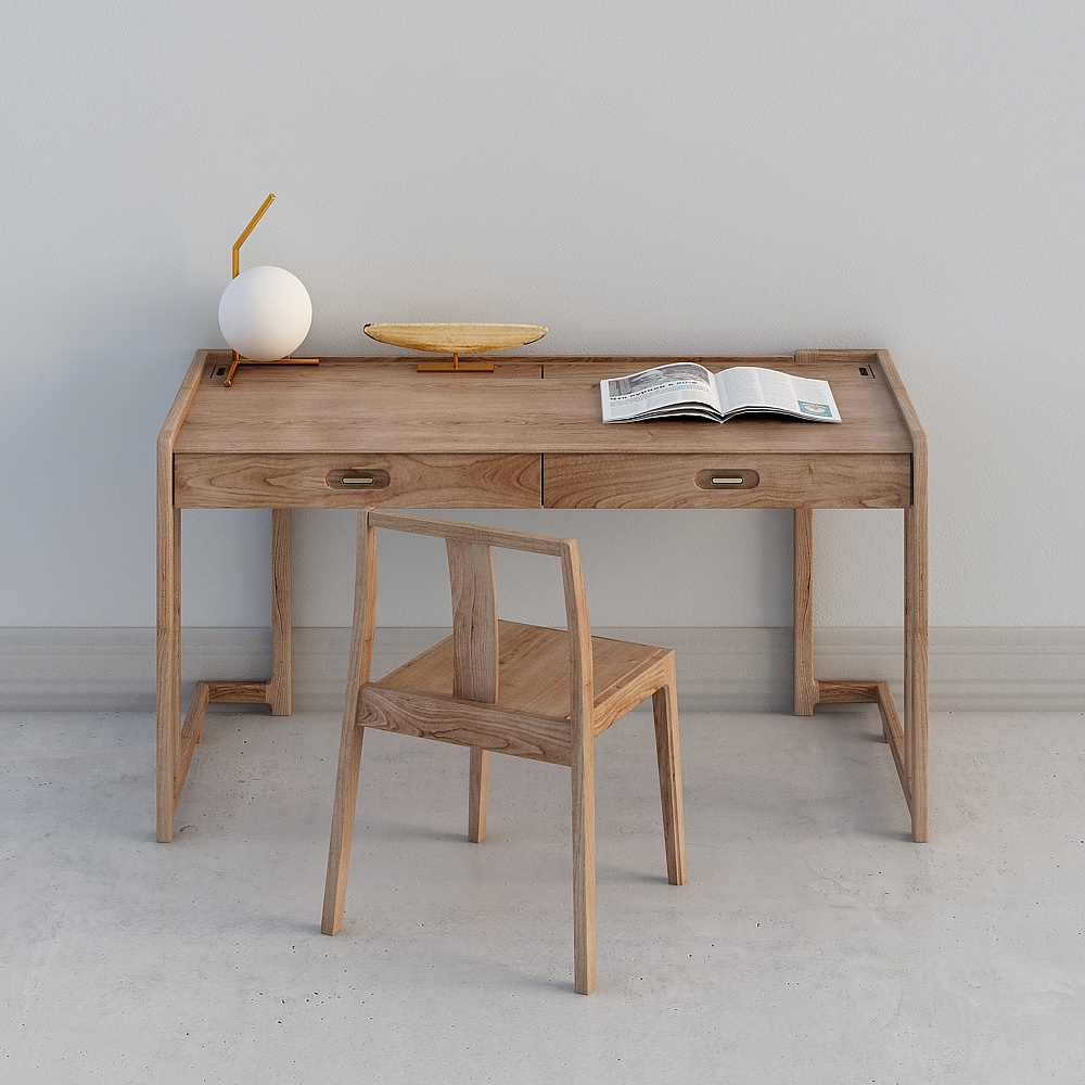 Wooden Desk and Chair Set 3D model