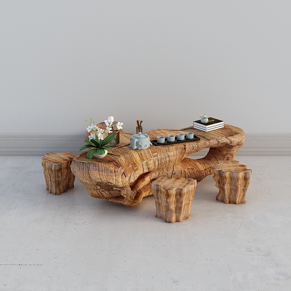 Root Tea Table Set 3D model with Natural Aesthetics