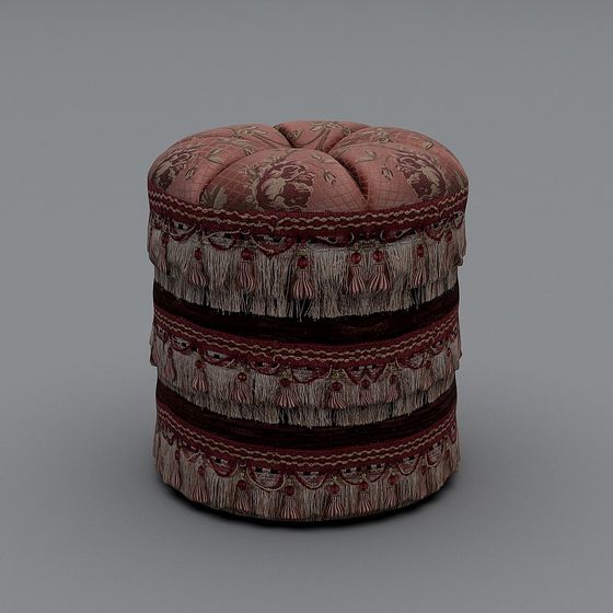 Classic round footrest with pink floral fabric and tassels on grey background
