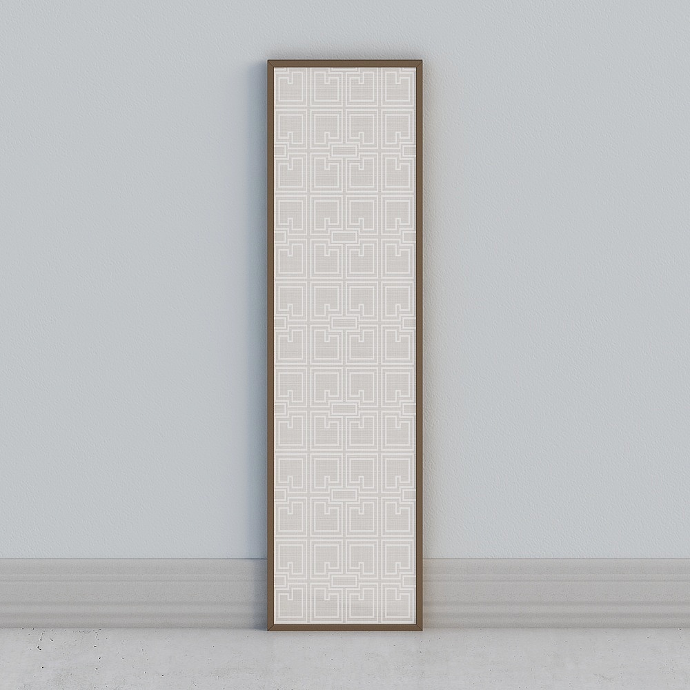 Tall wall panel with brown frame and white geometric pattern on light grey background
