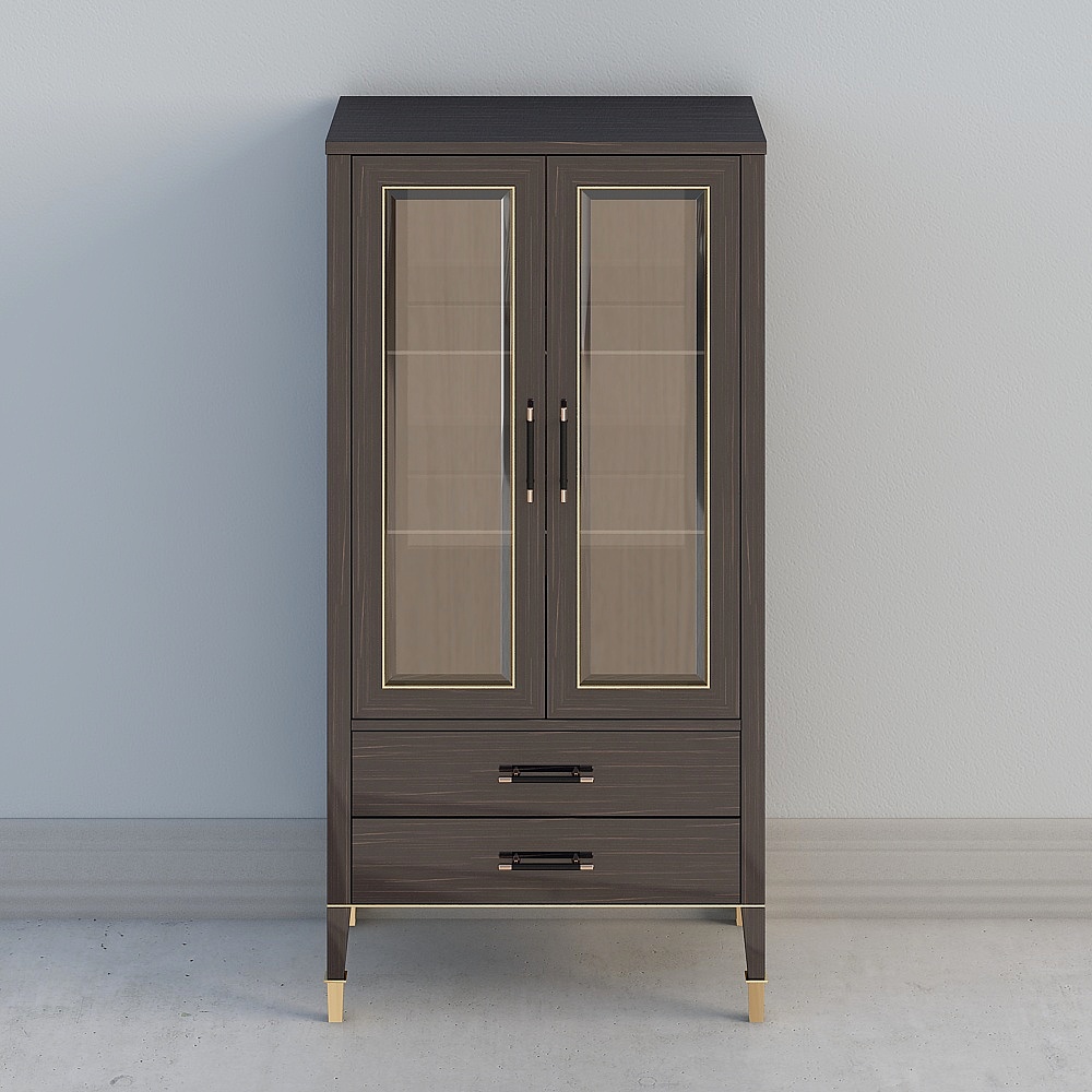 Dark brown wooden cabinet with glass doors and gold trim on grey background