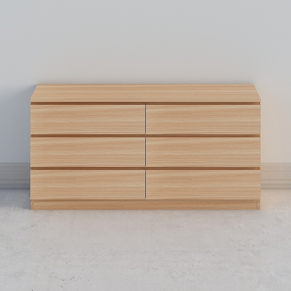 Modern light oak wood cabinet with six drawers and no handles on white background
