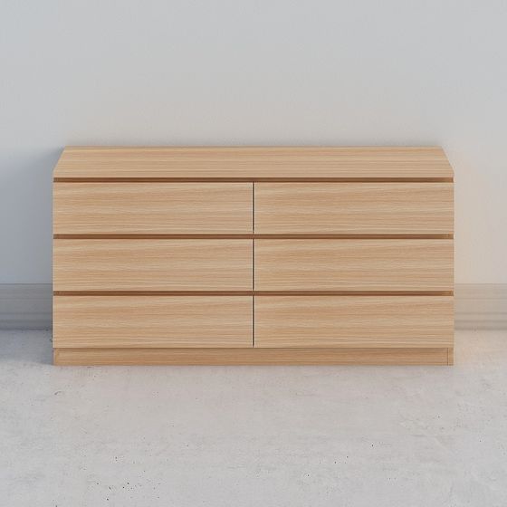 Modern light oak wood cabinet with six drawers and no handles on white background