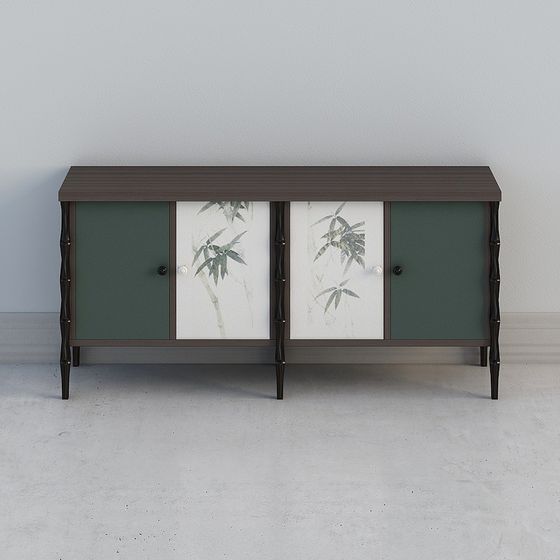 Modern dark wood cabinet with green and bamboo print doors on white background