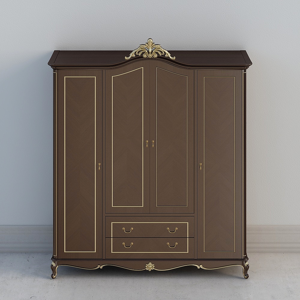 Classic brown wooden wardrobe with gold trim and ornate details on grey background