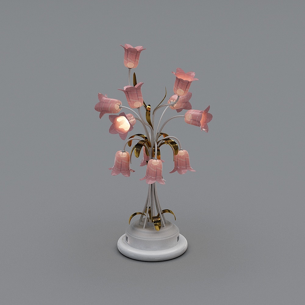 Table light fixture with pink flower shades and gold leaves on grey background