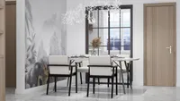 Dining area with white chairs marble table forest wall mural ceiling light and wood door