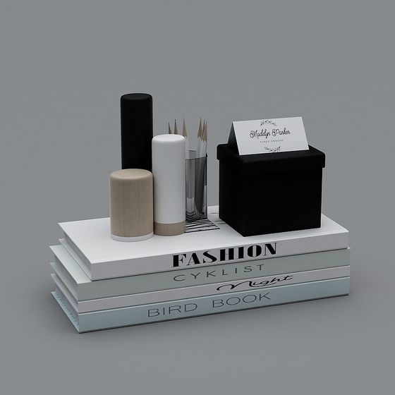 Stack of four books with black box and cylinders on grey background