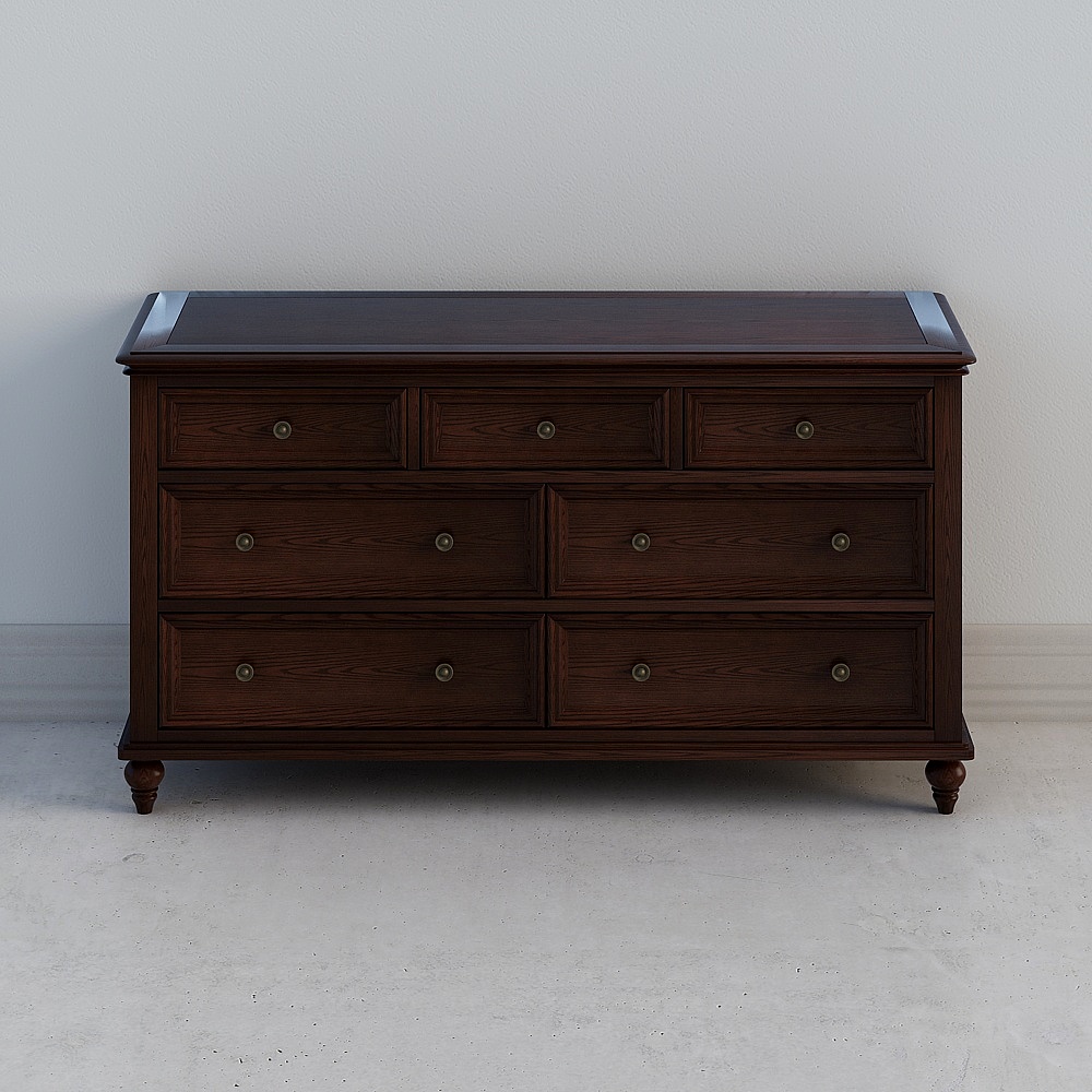 Dark brown wooden dresser with seven drawers and brass knobs on white background