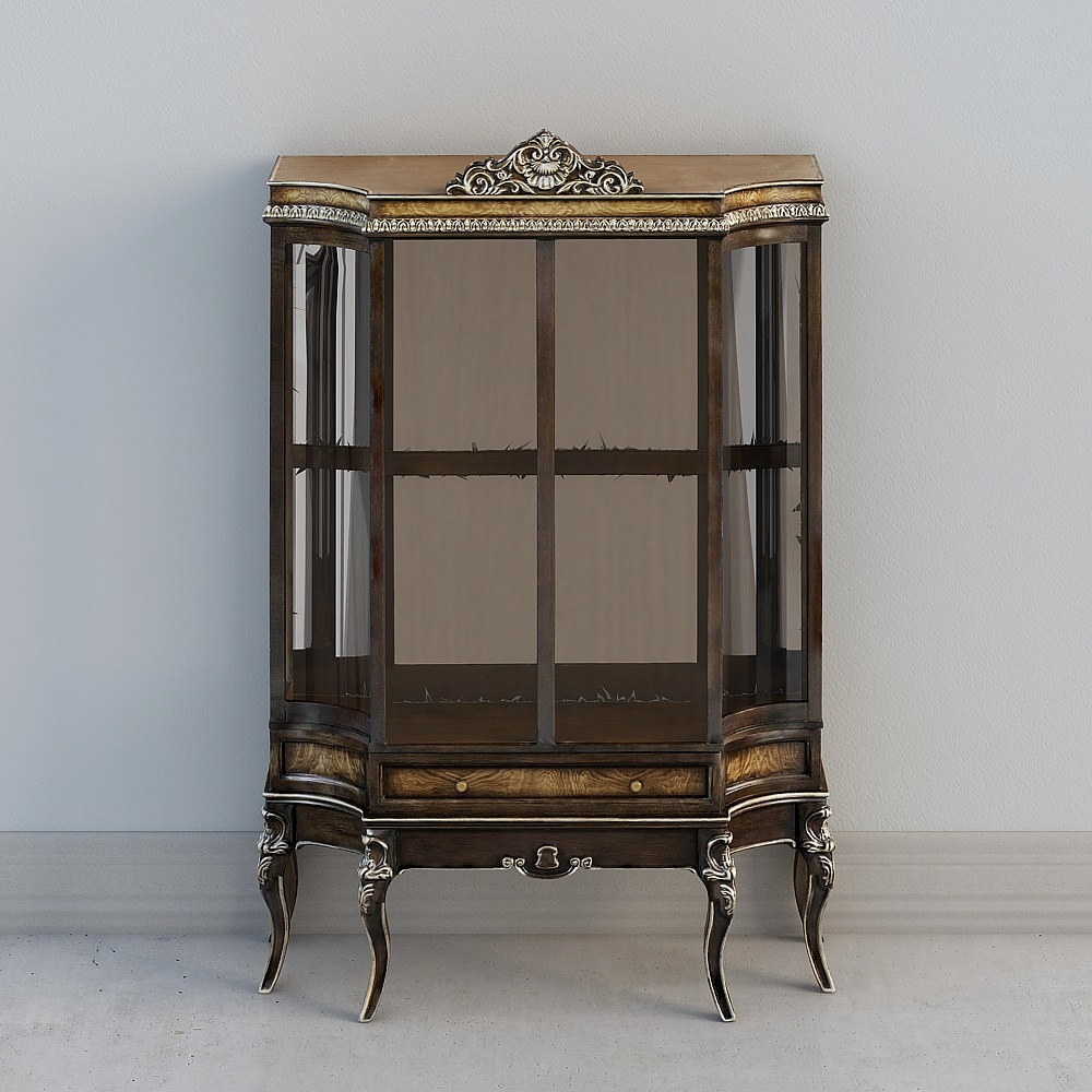 Classic dark wood glass display cabinet with gold trim and curved legs on grey background