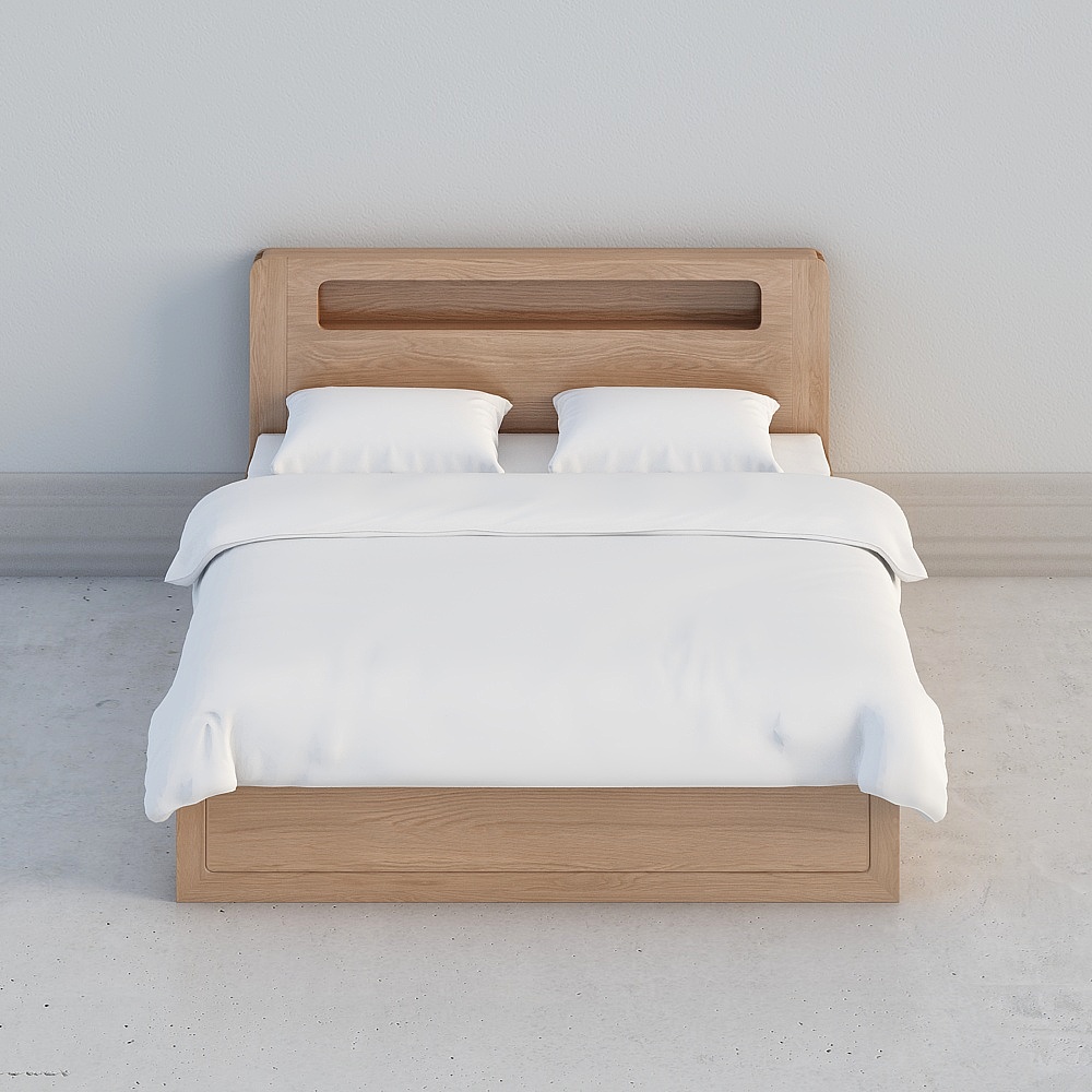 Modern light wood bed with white bedding and headboard shelf on grey background