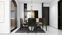 Dining area with white cabinet wine rack gold ceiling light green chairs and brown chairs