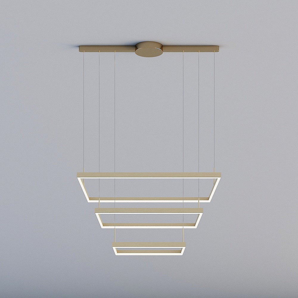 Modern gold ceiling light with three square rings on grey background