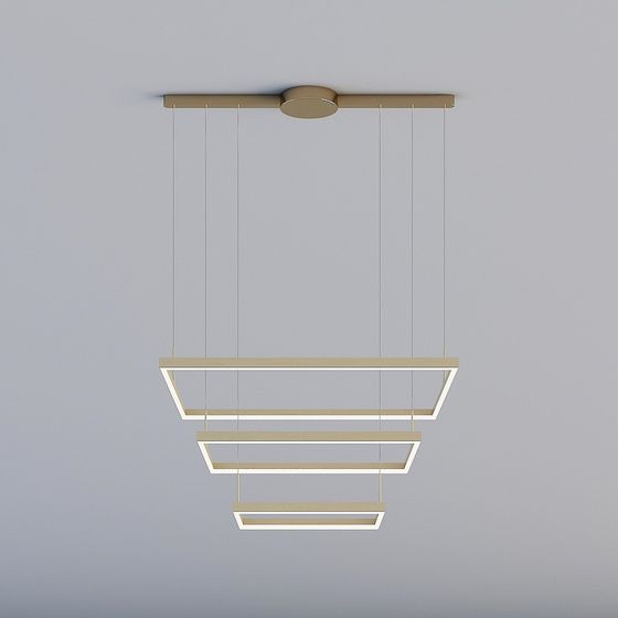Modern gold ceiling light with three square rings on grey background