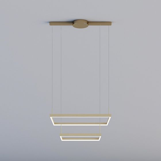 Modern gold metal ceiling light with two rectangular frames on grey background