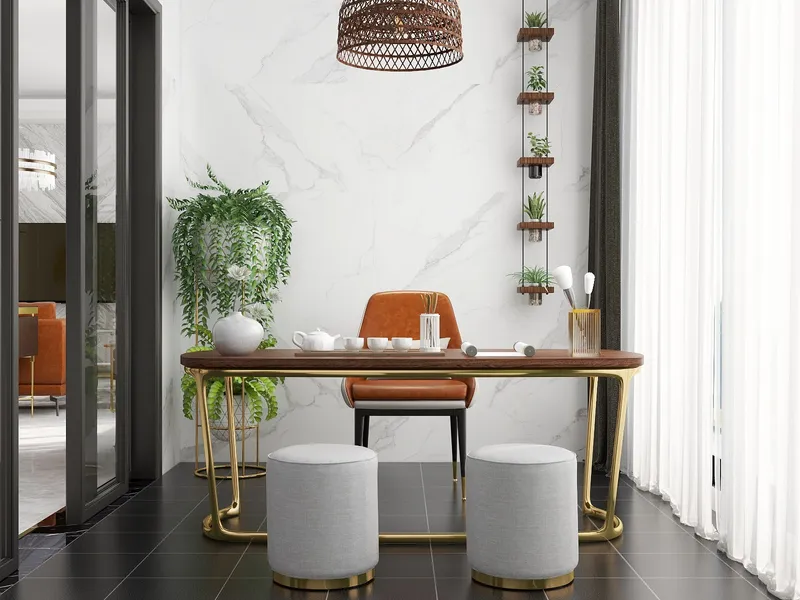 Wooden tea table with brown chair two grey footrests marble wall and a ceiling light