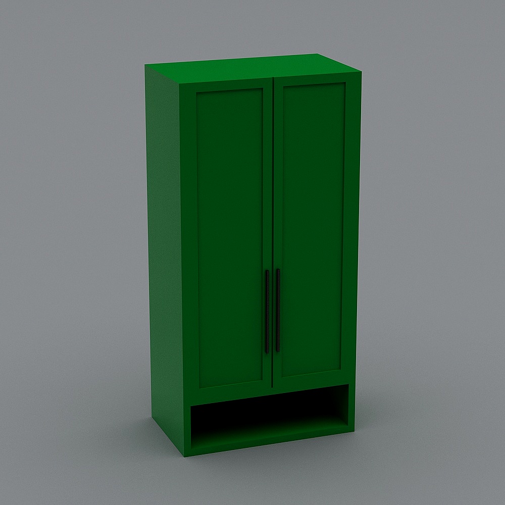 Modern green storage cabinet with two doors and black handles on grey background