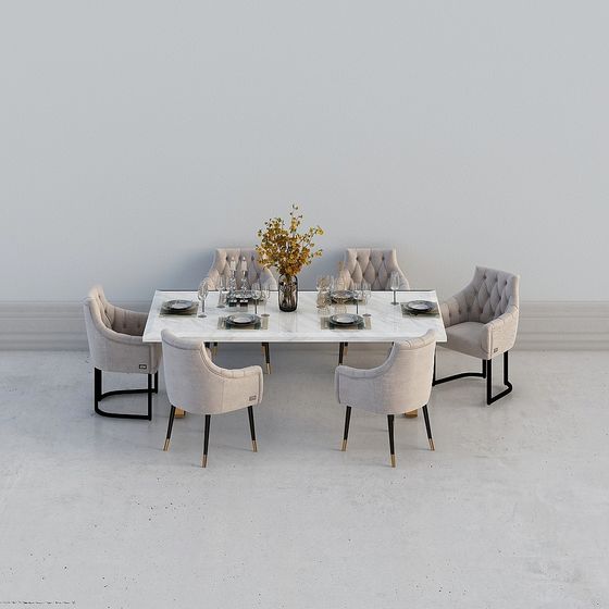 Marble Dining Table and Leather Chair Set 3D model