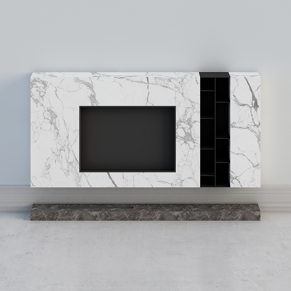 Modern white marble wall unit with black shelves and dark grey base on light grey background