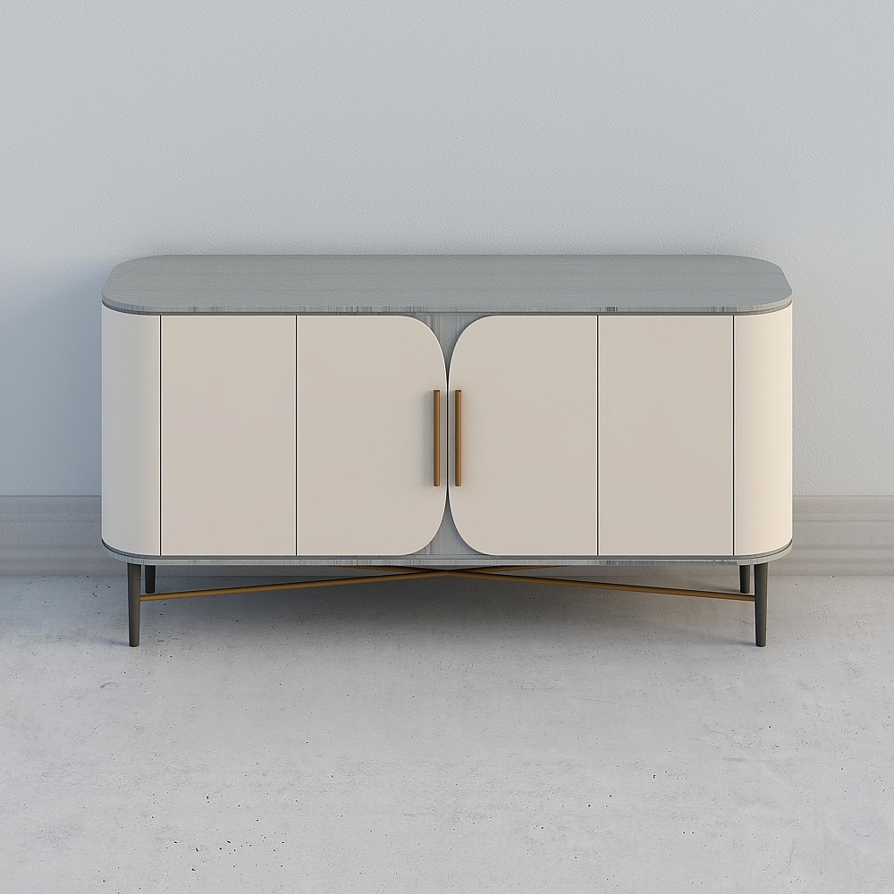 Modern cream cabinet with grey top and gold handles on grey background
