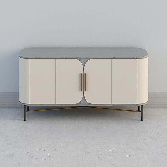 Modern cream cabinet with grey top and gold handles on grey background