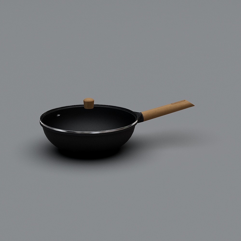 Modern black wok pan with glass lid and wooden handle on grey background