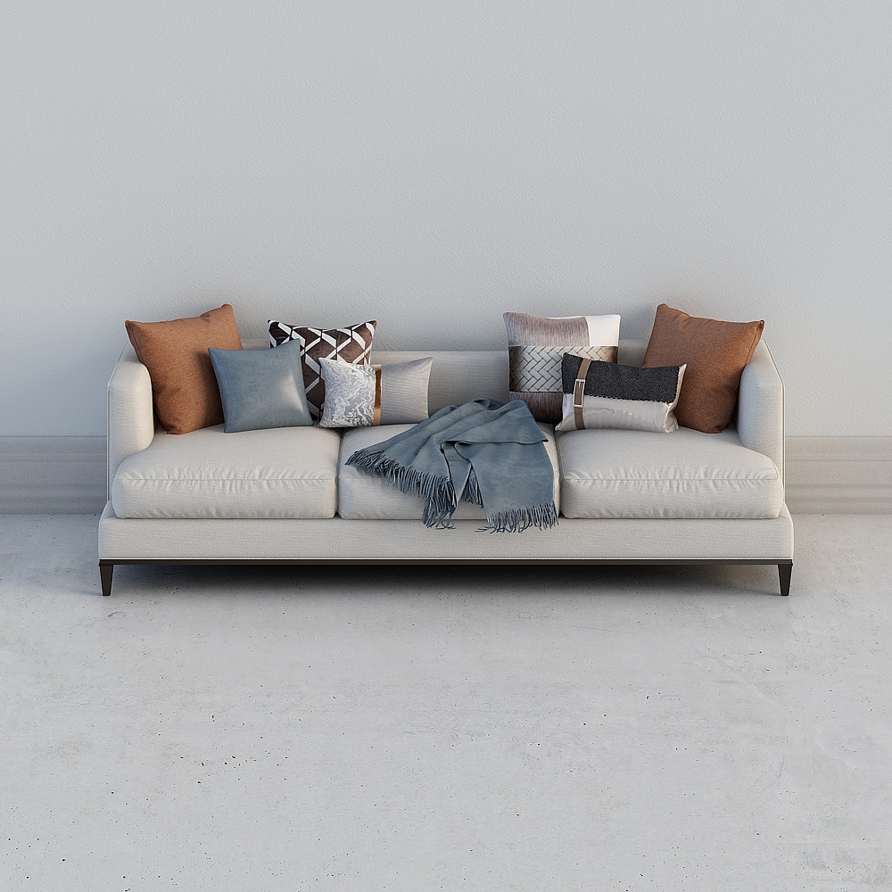 Modern beige fabric sofa with brown pillows and blue blanket on grey background