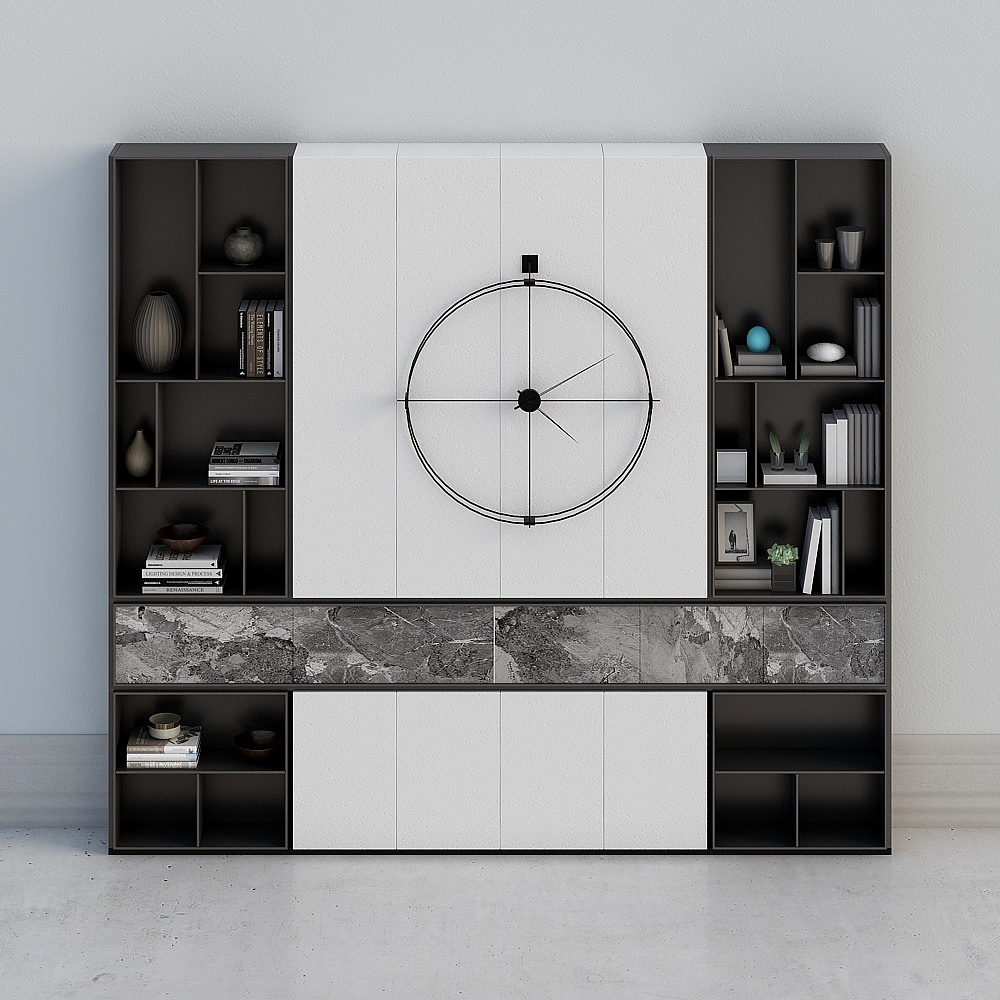 Modern white and black wall unit with clock and grey marble drawers on light grey background