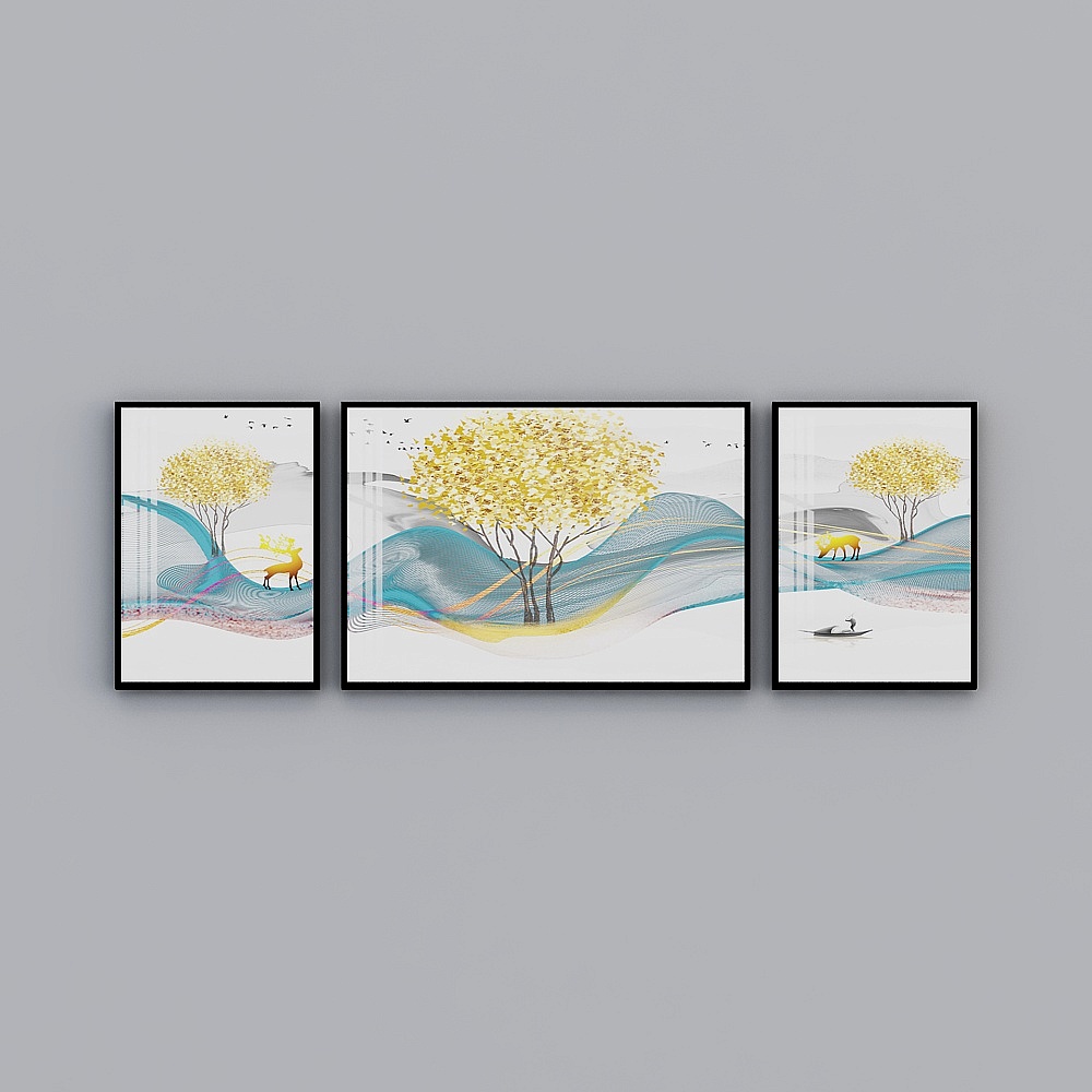 งานศิลปะตกแต่ง Elland บรรยากาศทิวทัศน์ในห้องนั่งเล่น ห้องนอน โซฟา เตียง งานศิลปะคริสตัลเซรามิก กรอบภาพสามภาพต่อกัน แขวนงานศิลปะโมเดิร์นหรูหรา H3131