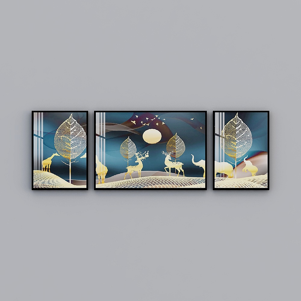 Elland decorates the -style European-style lines gold-blue living room bedroom sofa bed head crystal porcelain frame three-way painting stitching together three pairs of Nordic modern light luxury hanging painting H3194