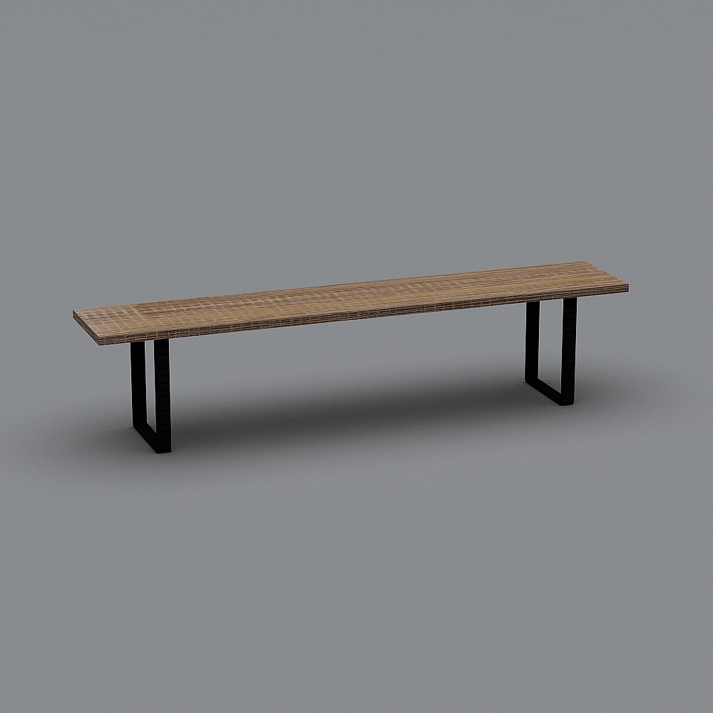 Long light wood bench with black metal legs on grey background