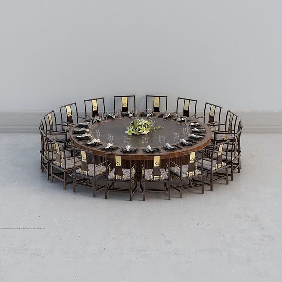 Elegant Round Banquet Table and Chairs 3D model