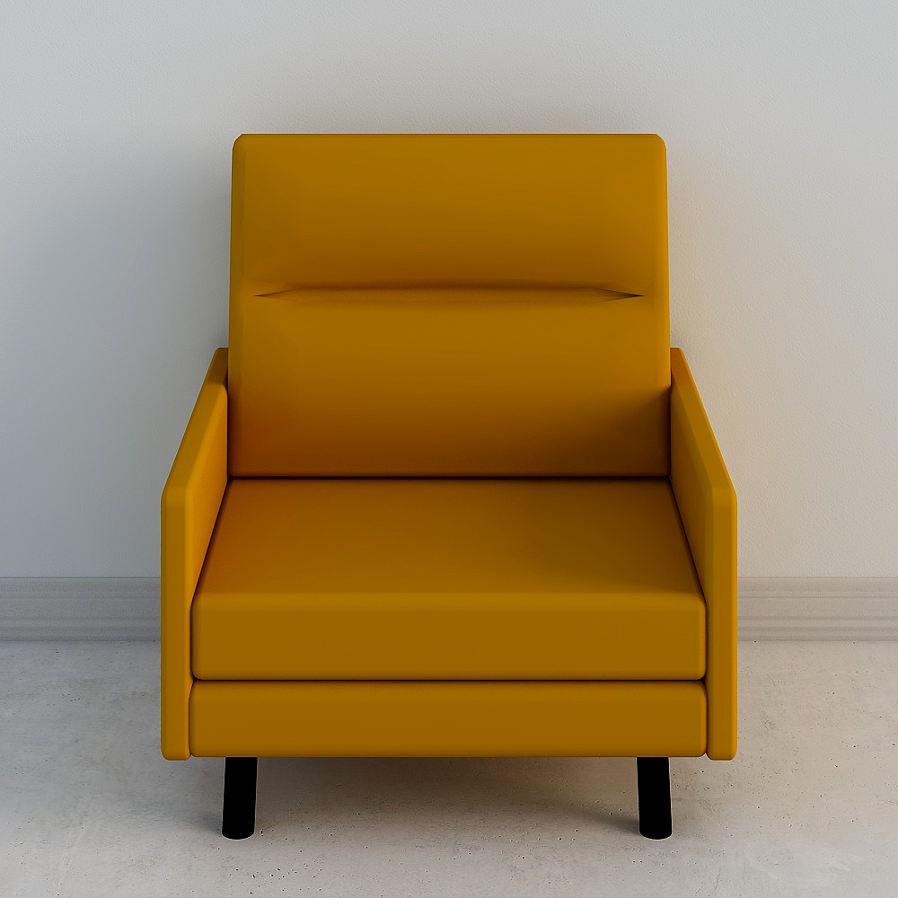 Modern yellow fabric armchair with black wooden legs and square backrest on white background