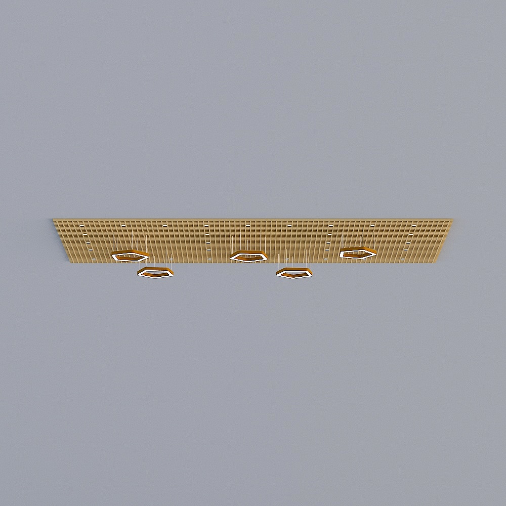 Modern gold metal ceiling light fixture with five hexagon shapes on grey background